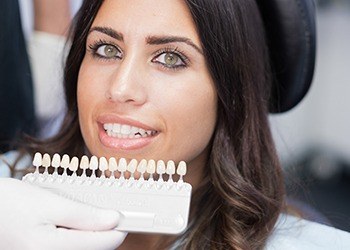 Woman's smile compared with tooth color chart